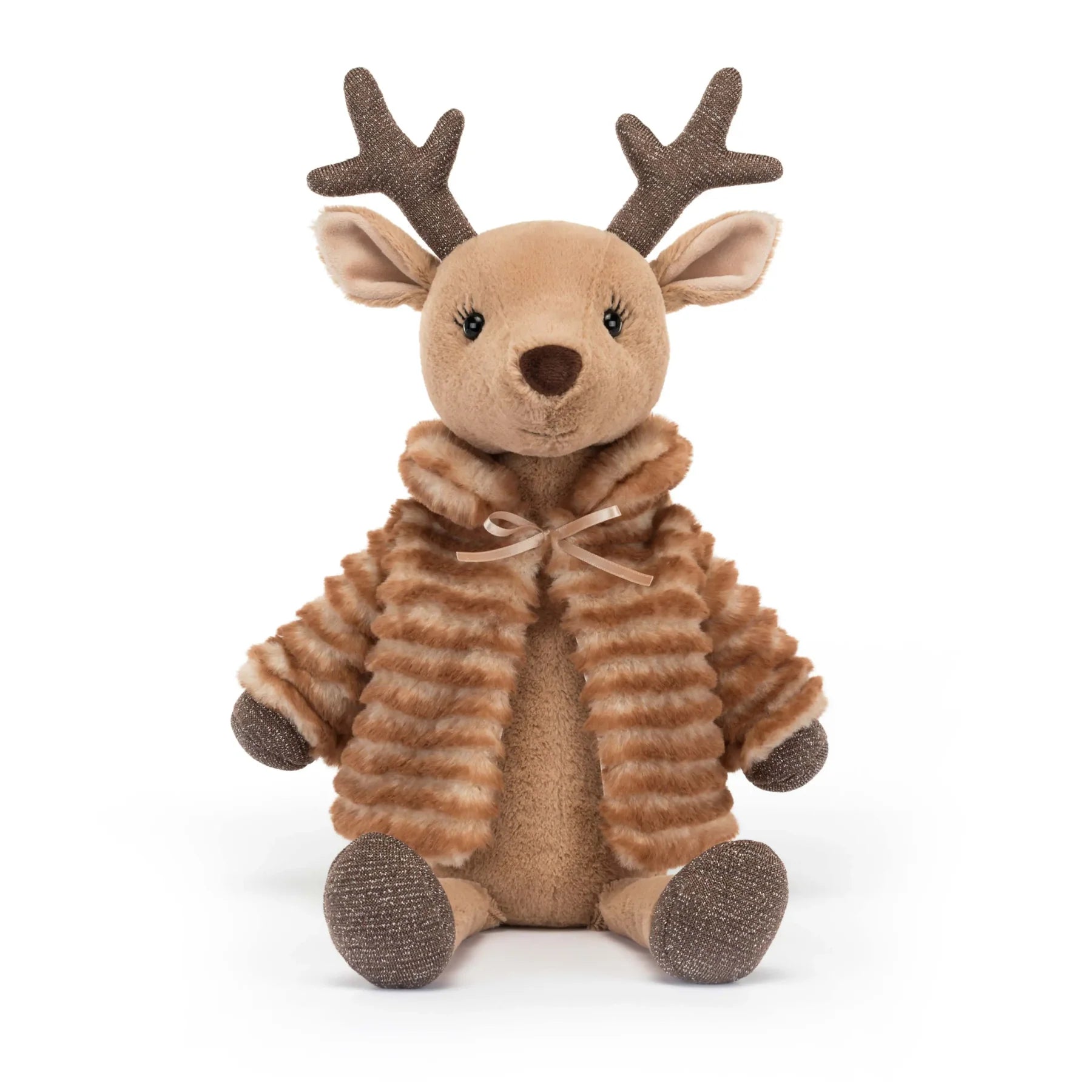Plush Reindeer Stuffed Toy in Striped Jacket – Soft Cuddly Christmas Animal for Kids